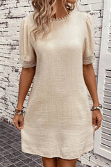 Lace Detail Round Neck Short Sleeve Mini Dress Sand Casual Dresses - Tophatter Daily Deals