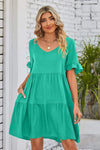 V-Neck Flounce Sleeve Tiered Dress Mid Green Casual Dresses - Tophatter Daily Deals