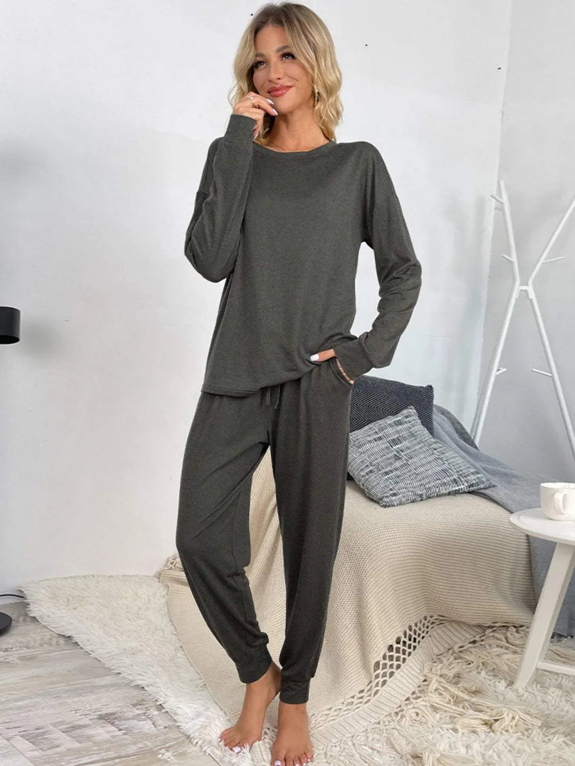 Round Neck Top and Drawstring Pants Lounge Set Dark Gray Loungewear Sets - Tophatter Daily Deals