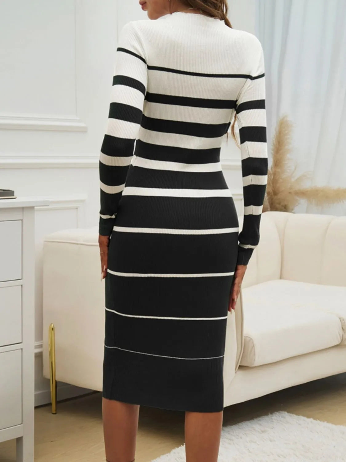 Color Block Round Neck Long Sleeve Midi Dress Casual Dresses - Tophatter Daily Deals