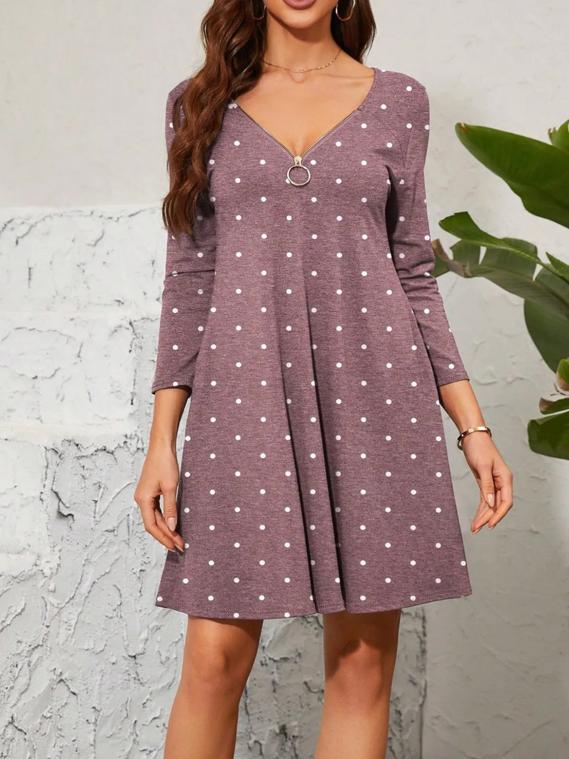 Polka Dot Quarter Zip Long Sleeve Dress Mauve Casual Dresses - Tophatter Daily Deals