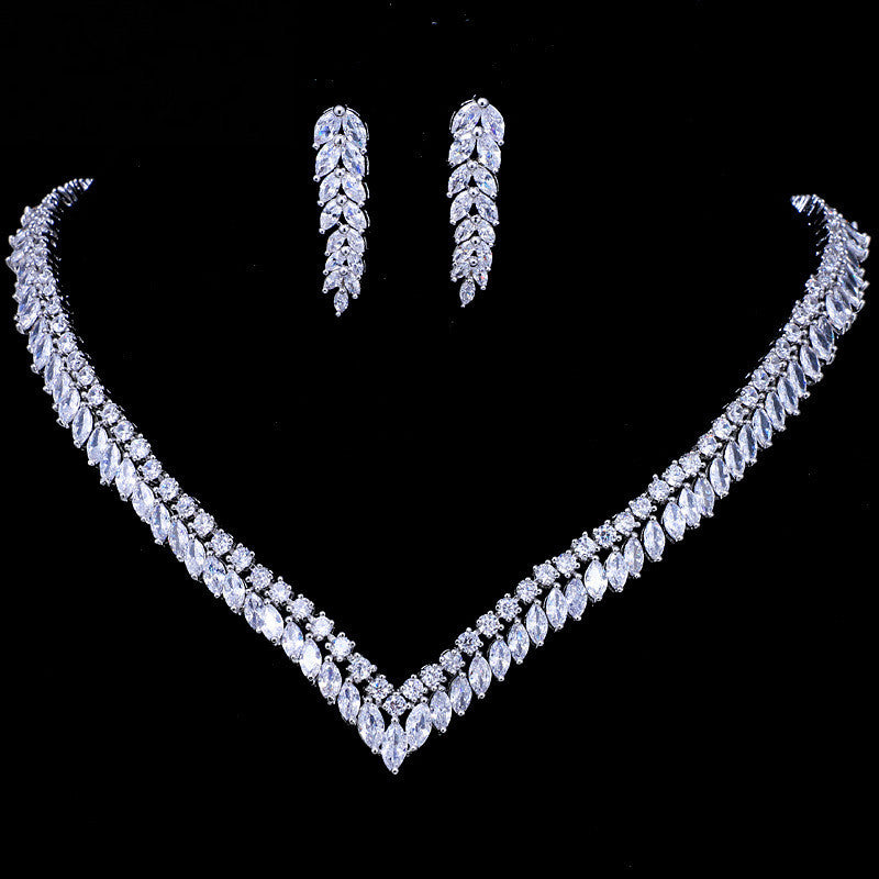 Bridal Wedding Jewelry Zircon Leaf Necklace Earrings As show 0 - Tophatter Daily Deals