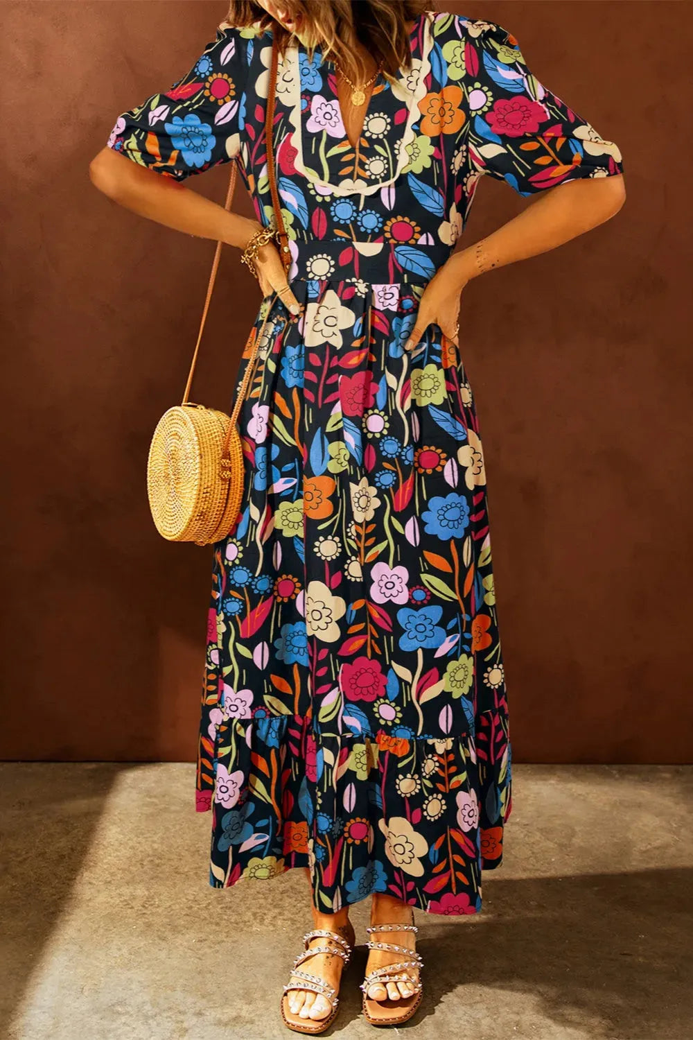 Printed V-Neck Half Sleeve Midi Dress Floral Casual Dresses - Tophatter Daily Deals