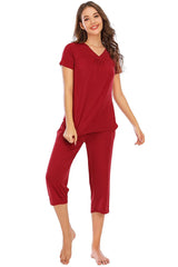 V-Neck Short Sleeve Top and Pants Lounge Set Scarlet Loungewear Sets - Tophatter Daily Deals