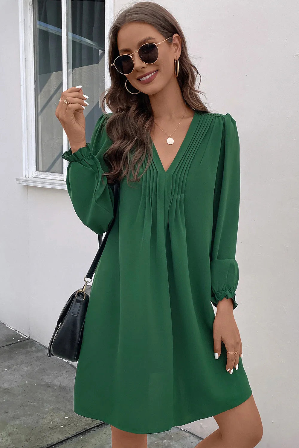 Ruched V-Neck Flounce Sleeve Dress Casual Dresses - Tophatter Daily Deals