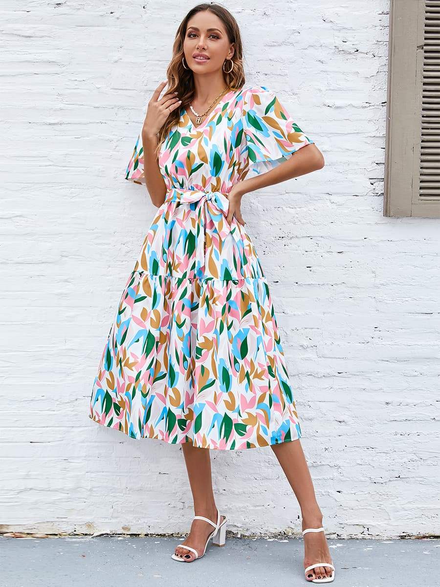 Printed Tie-Waist V-Neck Flutter Sleeve Dress Casual Dresses - Tophatter Daily Deals