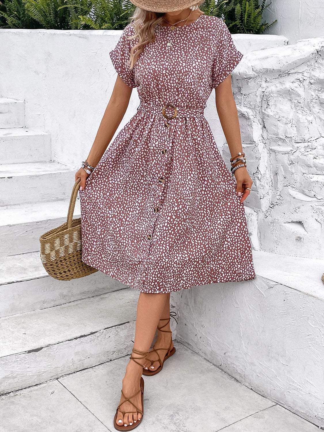 Printed Round Neck Short Sleeve Dress Casual Dresses - Tophatter Daily Deals