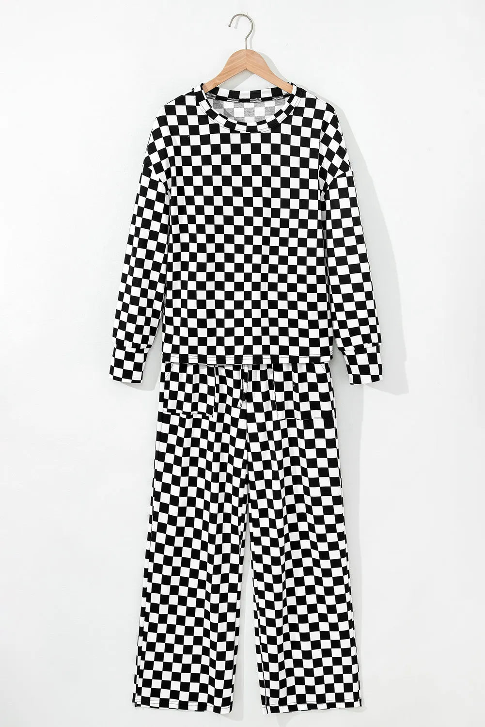 Black Checkered Print Long Sleeve Top and Pants Lounge Set Loungewear & Sleepwear/Loungewear - Tophatter Daily Deals