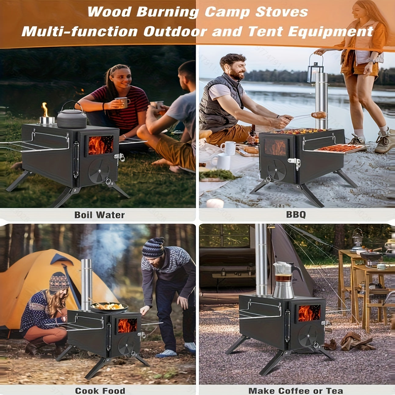 Iron Portable Camping Wood Stove with Chimney Outdoor Grills - Tophatter Daily Deals