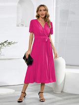 Pleated Surplice Tie Waist Midi Dress Hot Pink Casual Dresses - Tophatter Daily Deals