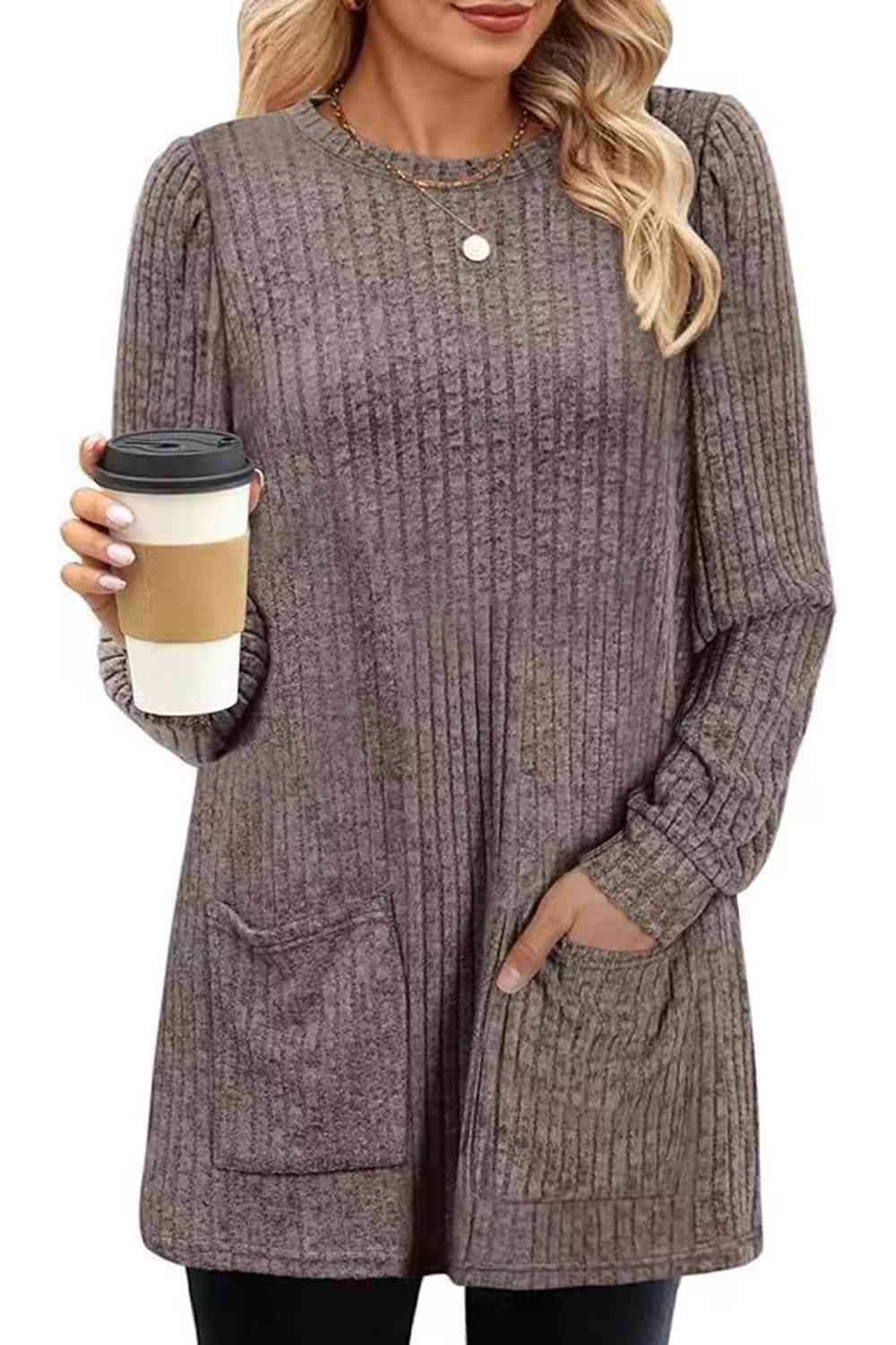 Ribbed Round Neck Long Sleeve T-Shirt Mocha Women's T-Shirts - Tophatter Daily Deals