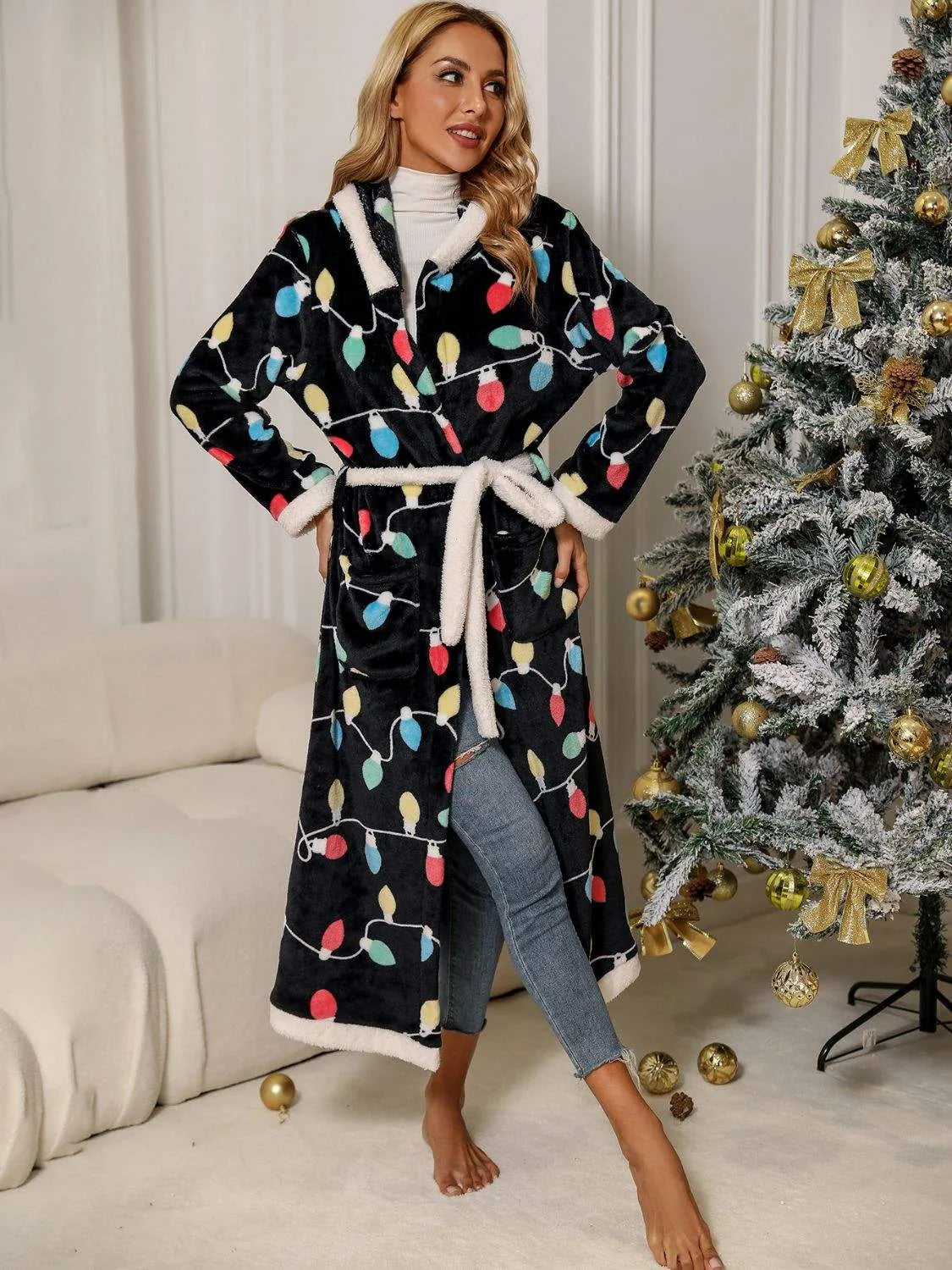 Tie Waist Hooded Robe Black Sleep Dresses - Tophatter Daily Deals