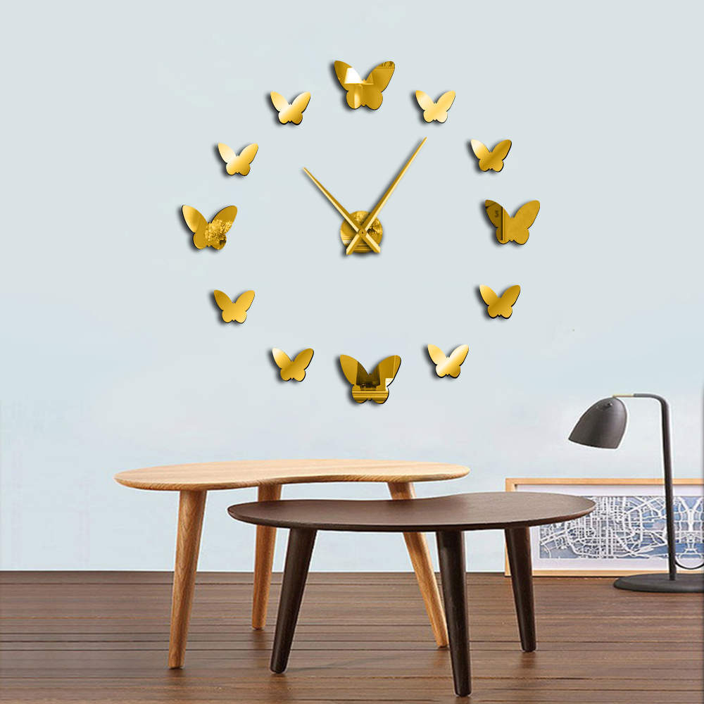 3D Mirror Wall Clock Butterfly Living Room Bedroom Home Decor Big Clock Time Gold 0 - Tophatter Daily Deals