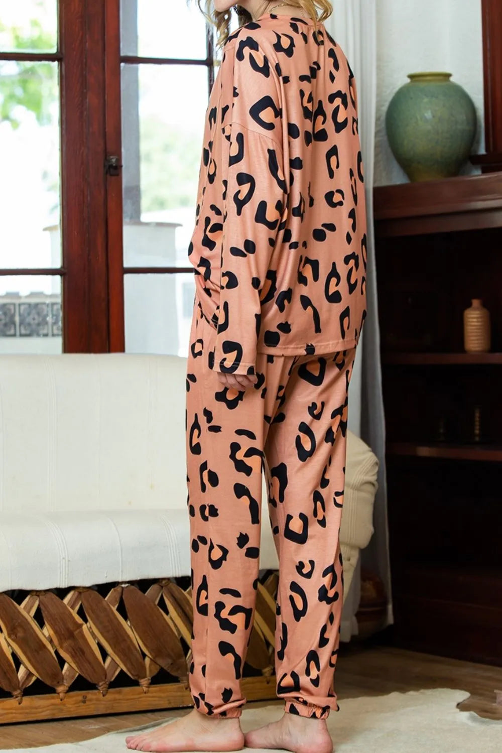 Leopard Round Neck Top and Drawstring Pants Lounge Set Loungewear Sets - Tophatter Daily Deals