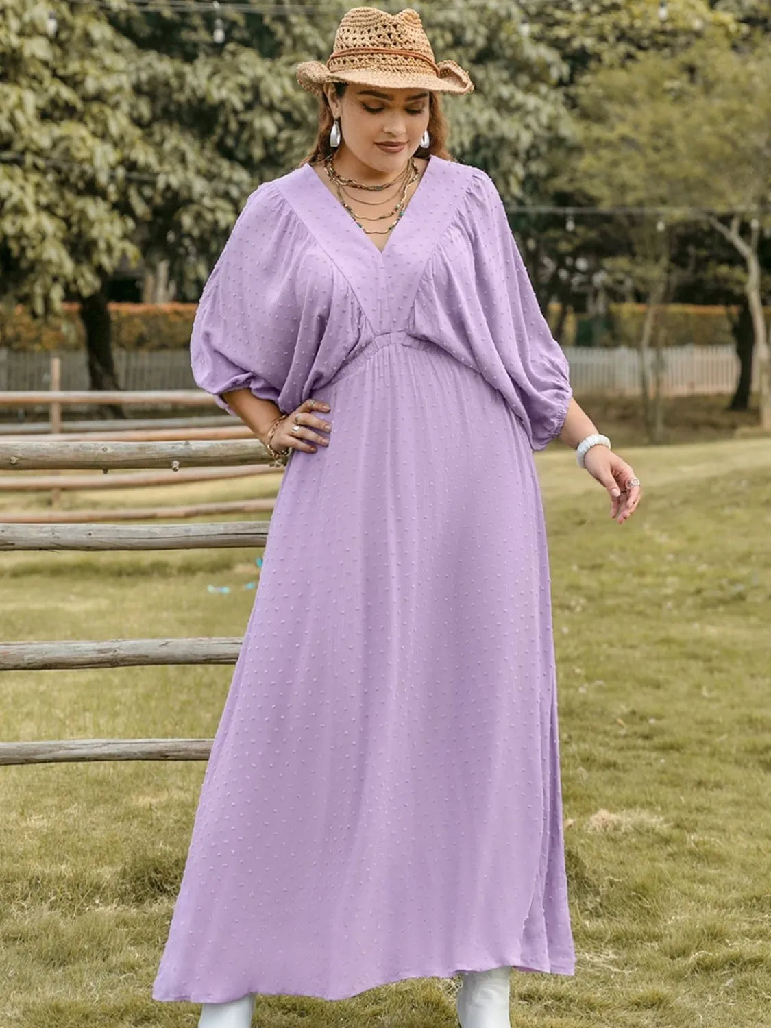 Plus Size Swiss Dot V-Neck Midi Dress Pink Purple Casual Dresses - Tophatter Daily Deals