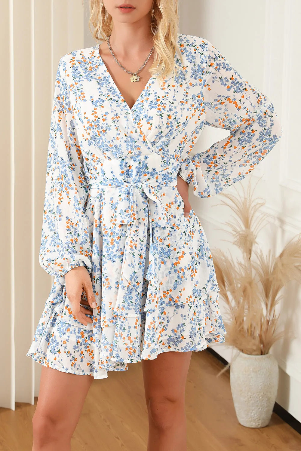 Printed Surplice Balloon Sleeve Mini Dress Floral Casual Dresses - Tophatter Daily Deals