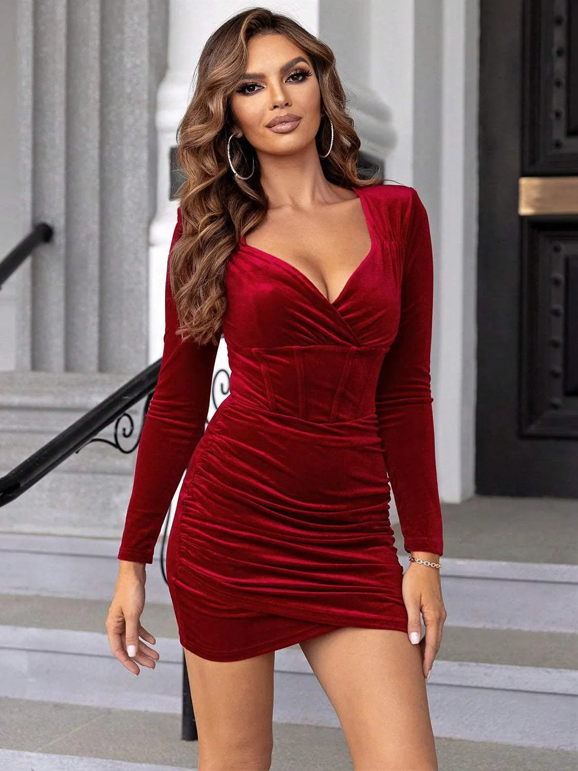 Ruched Surplice Long Sleeve Mini Dress Cocktail Dresses - Tophatter Daily Deals