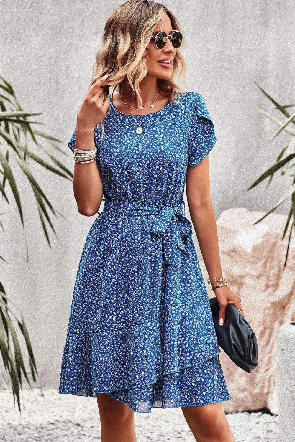 Belted Round Neck Petal Sleeve Mini Dress Cobalt Blue Casual Dresses - Tophatter Daily Deals