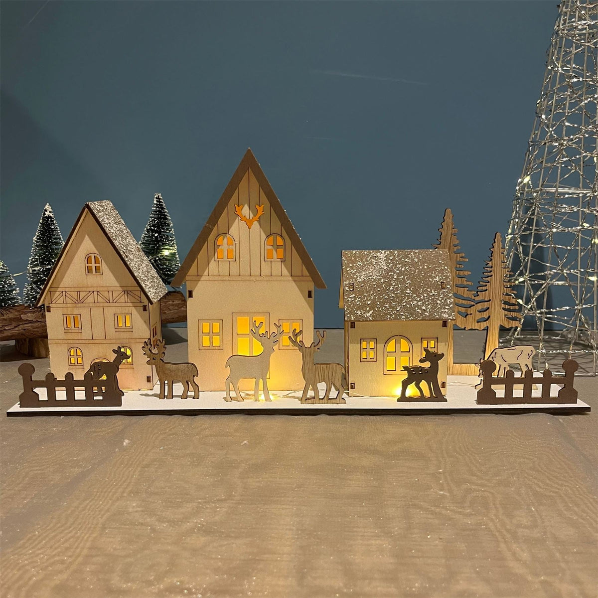Christmas Scene Light-Up Houses | LED Wooden Winter Houses Ornament - 40cm Ornament - Tophatter Daily Deals