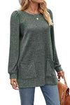 Ribbed Round Neck Long Sleeve T-Shirt Sage Women's T-Shirts - Tophatter Daily Deals