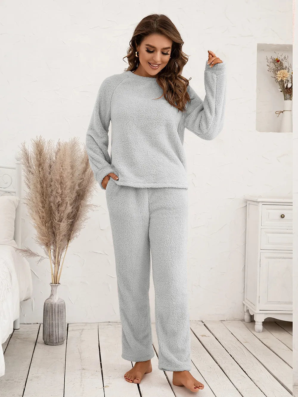 Teddy Long Sleeve Top and Pants Lounge Set Light Gray Loungewear Sets - Tophatter Daily Deals