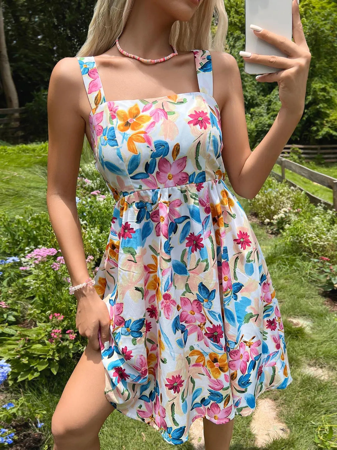 Floral Square Neck Wide Strap Dress Casual Dresses - Tophatter Daily Deals