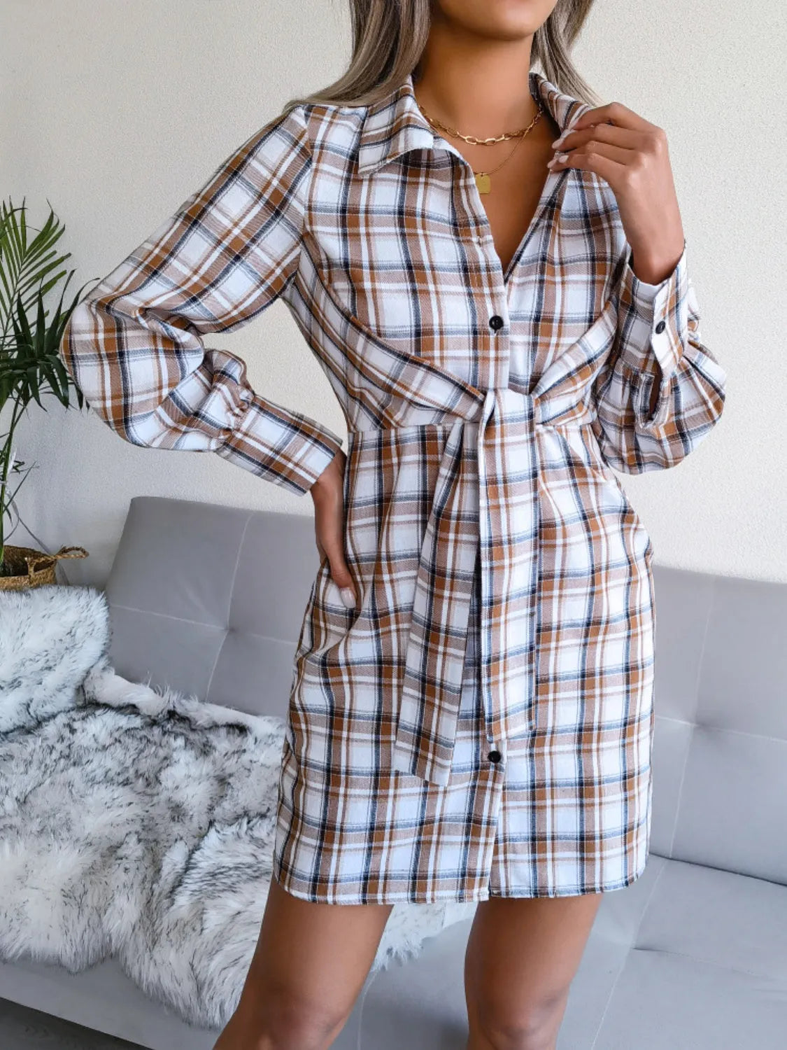 Tied Plaid Long Sleeve Mini Shirt Dress Camel Casual Dresses - Tophatter Daily Deals