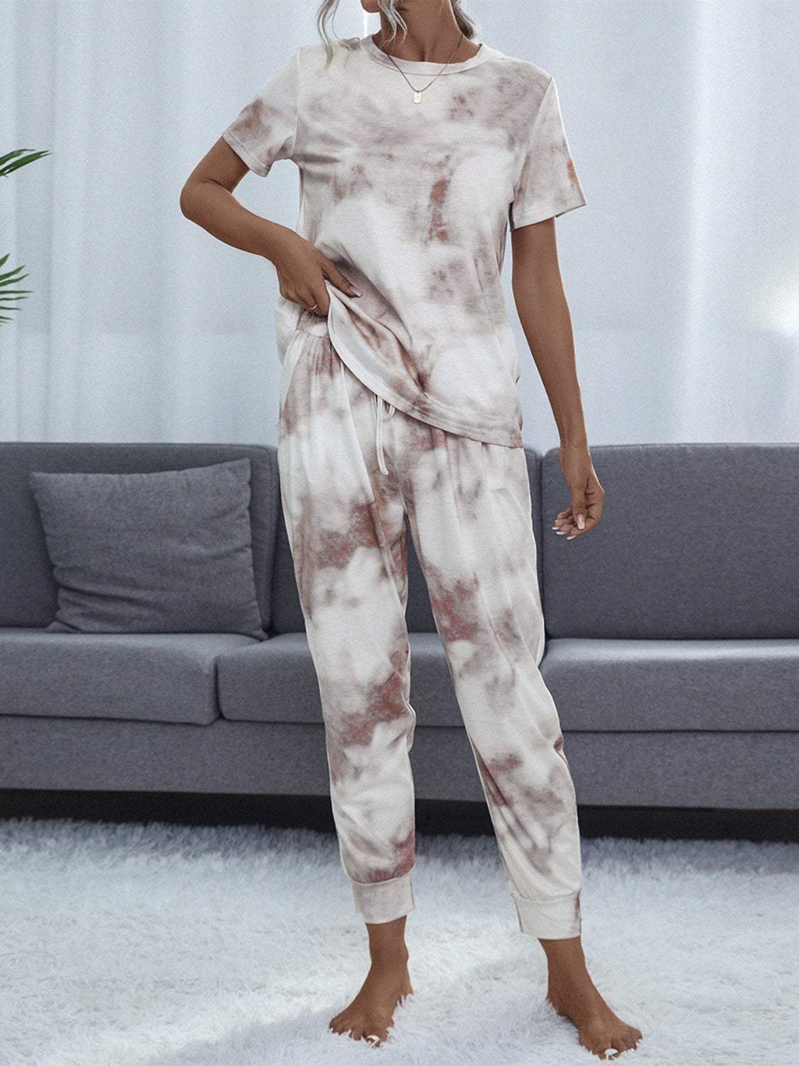 Tie-Dye Round Neck Short Sleeve Top and Pants Lounge Set Multicolor Loungewear Sets - Tophatter Daily Deals