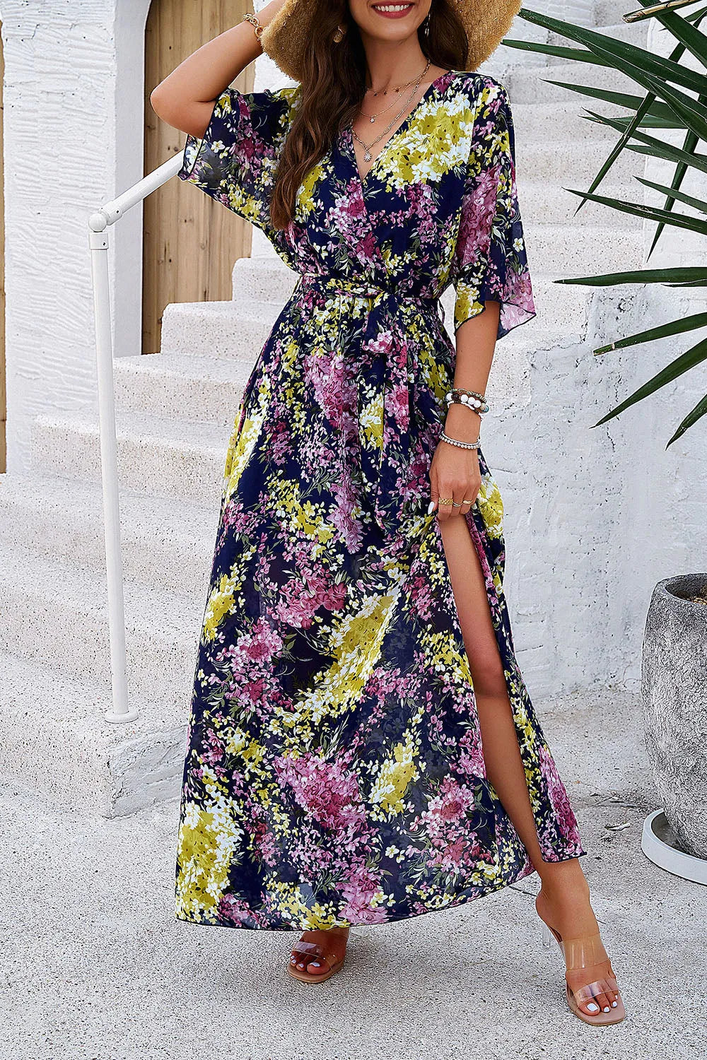 Printed Tied Half Sleeve Slit Dress Casual Dresses - Tophatter Daily Deals