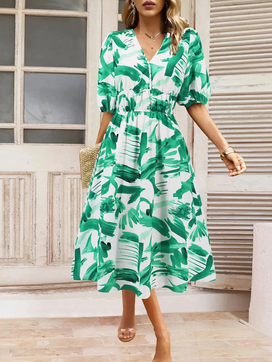 Ruched Printed Surplice Short Sleeve Dress Casual Dresses - Tophatter Daily Deals