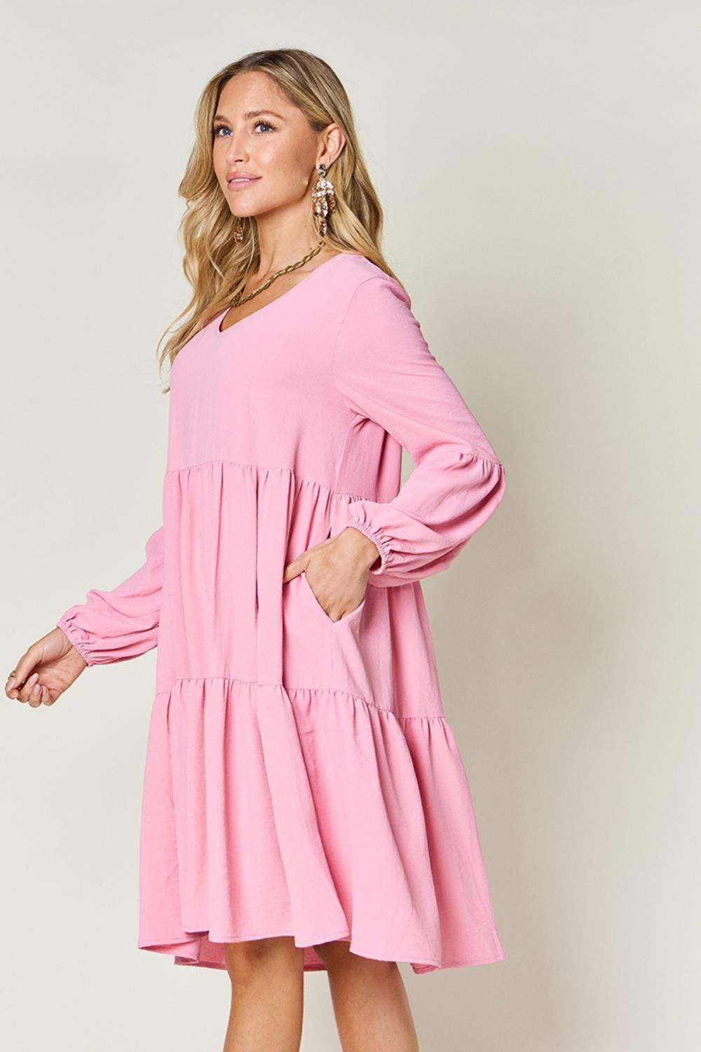 Double Take Full Size V-Neck Balloon Sleeve Tiered Dress Casual Dresses - Tophatter Daily Deals