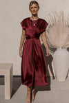 Satin Cap Sleeve Tie Back Midi Dress Wine Casual Dresses - Tophatter Daily Deals