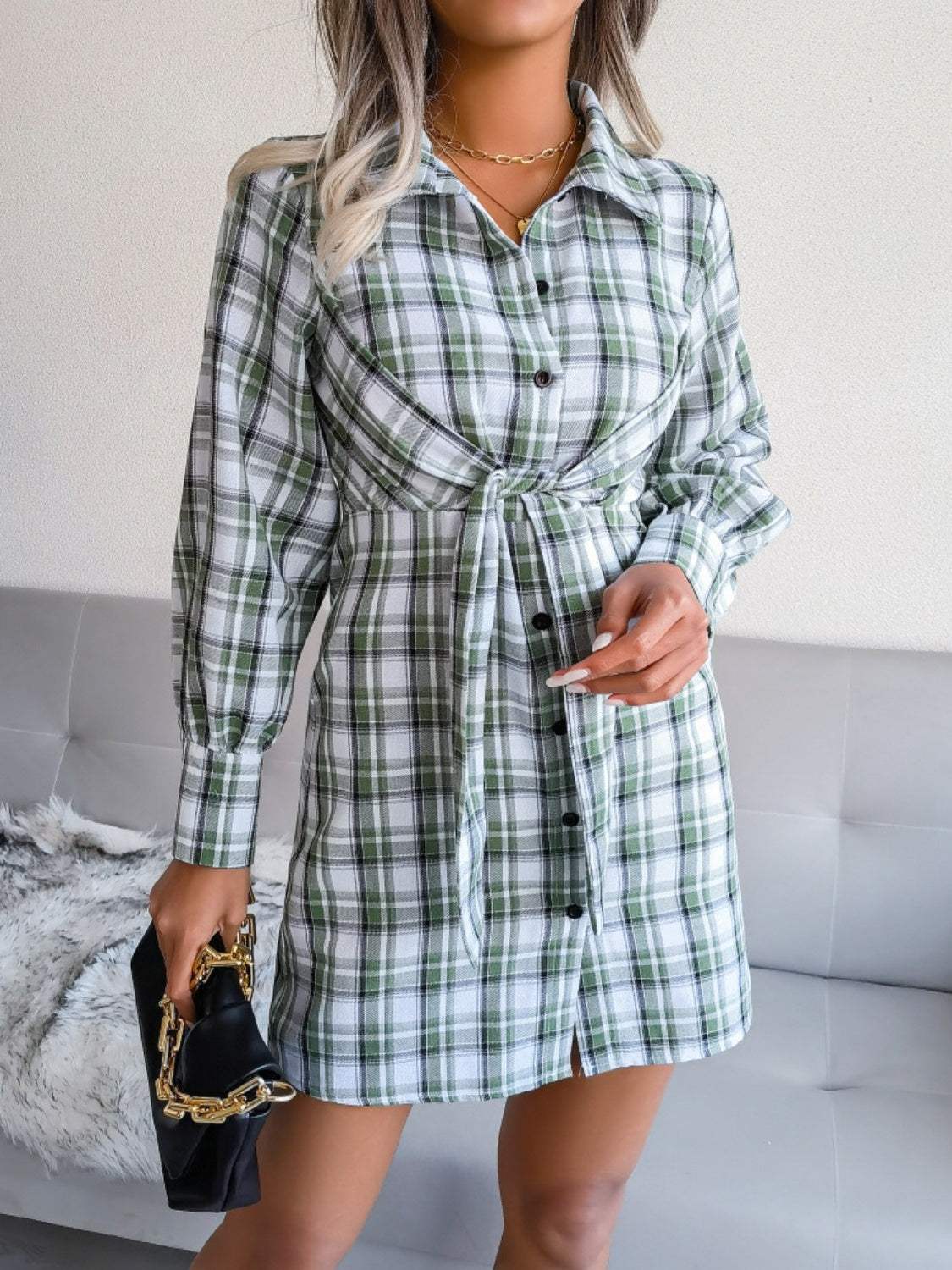 Tied Plaid Long Sleeve Mini Shirt Dress Casual Dresses - Tophatter Daily Deals