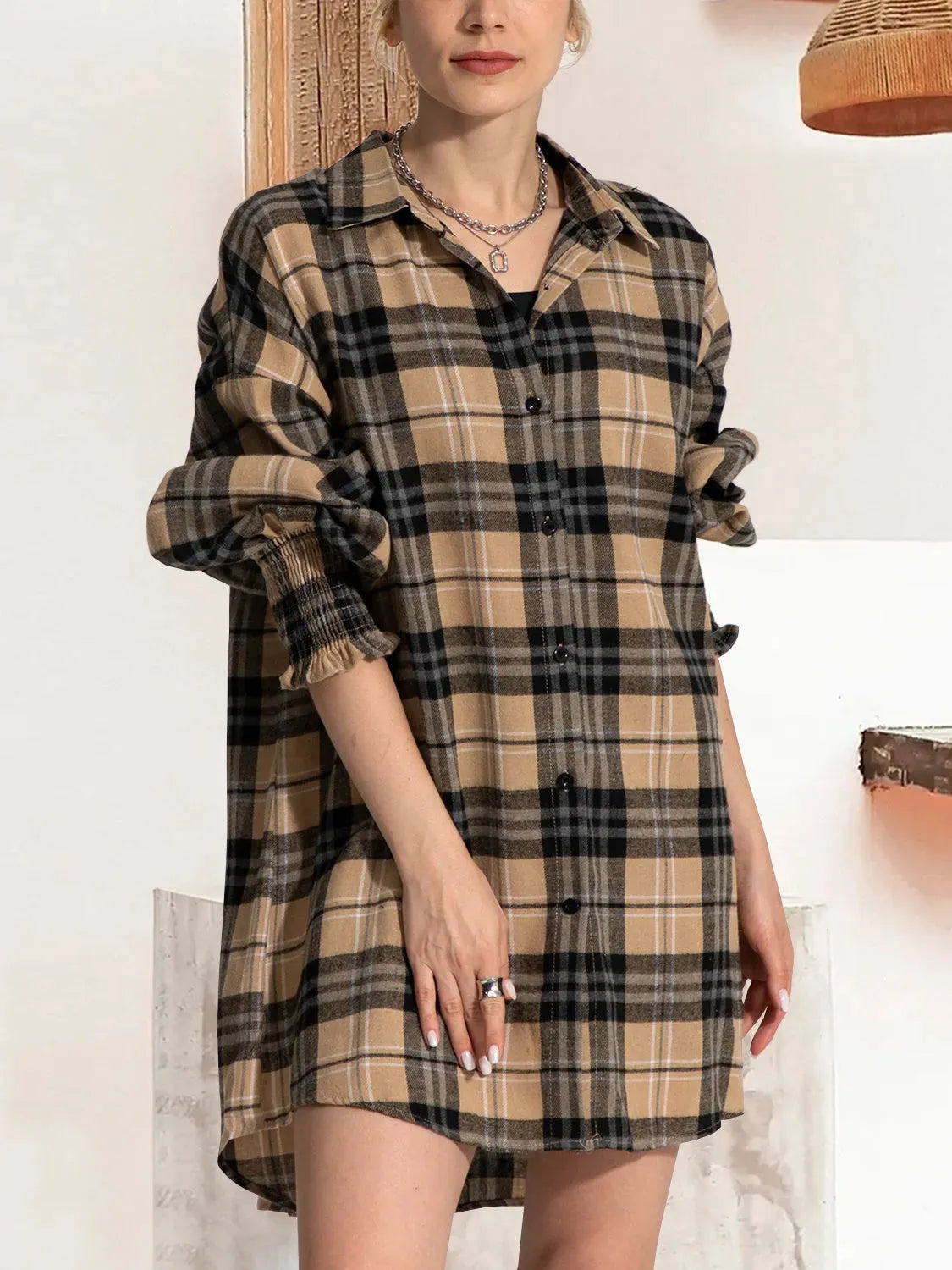 FAM-FAM Button Up Plaid Long Sleeve Shirt Dress Camel Casual Dresses - Tophatter Daily Deals