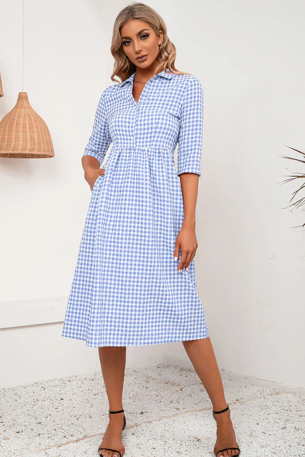 Plaid Collared Neck Midi Dress Pastel Blue Casual Dresses - Tophatter Daily Deals