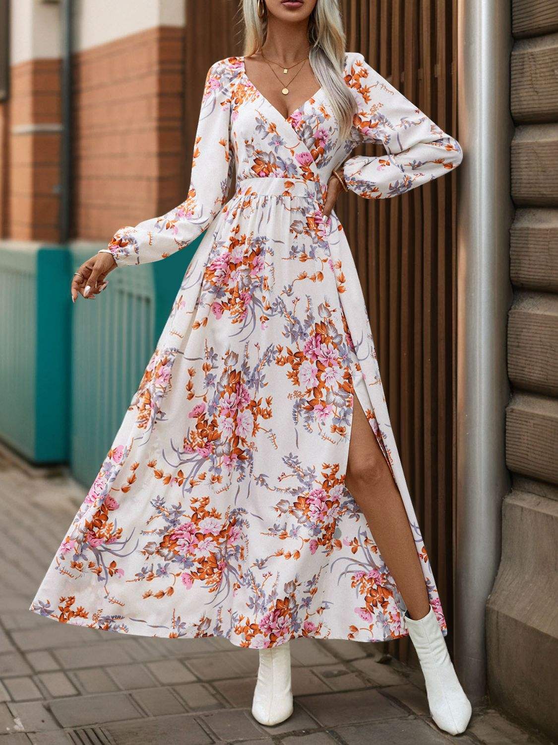 Slit Printed Surplice Long Sleeve Maxi Dress White Casual Dresses - Tophatter Daily Deals