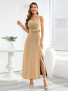 Slit Surplice Tie Waist Sleeveless Dress Sand Cocktail Dresses - Tophatter Daily Deals