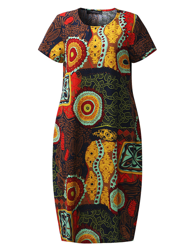 Cotton Women Pattern Printed Short Sleeve O-Neck Dresses Mini Dresses - Tophatter Daily Deals