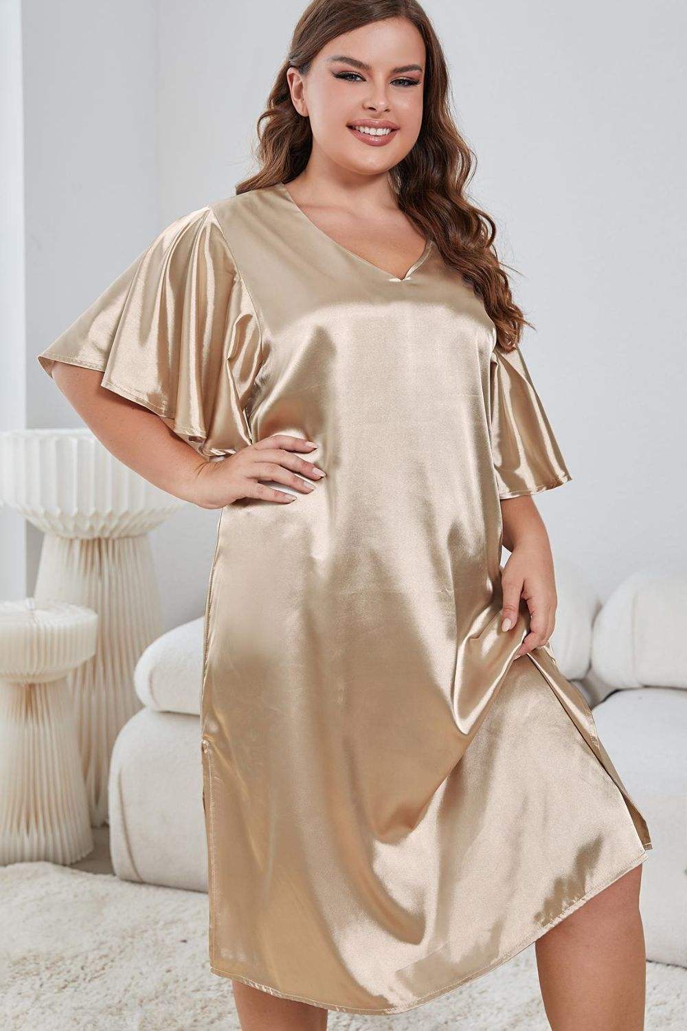 Plus Size Flutter Sleeve V-Neck Side Slit Night Gown Sleep Dresses - Tophatter Daily Deals