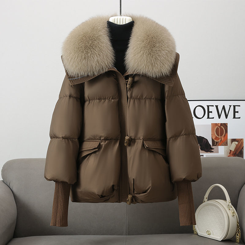 Insulating Women's Puffer Jacket - Short Boxy Fur Collar Brown 3D Changing Face Moving Picture Frame - Tophatter Daily Deals