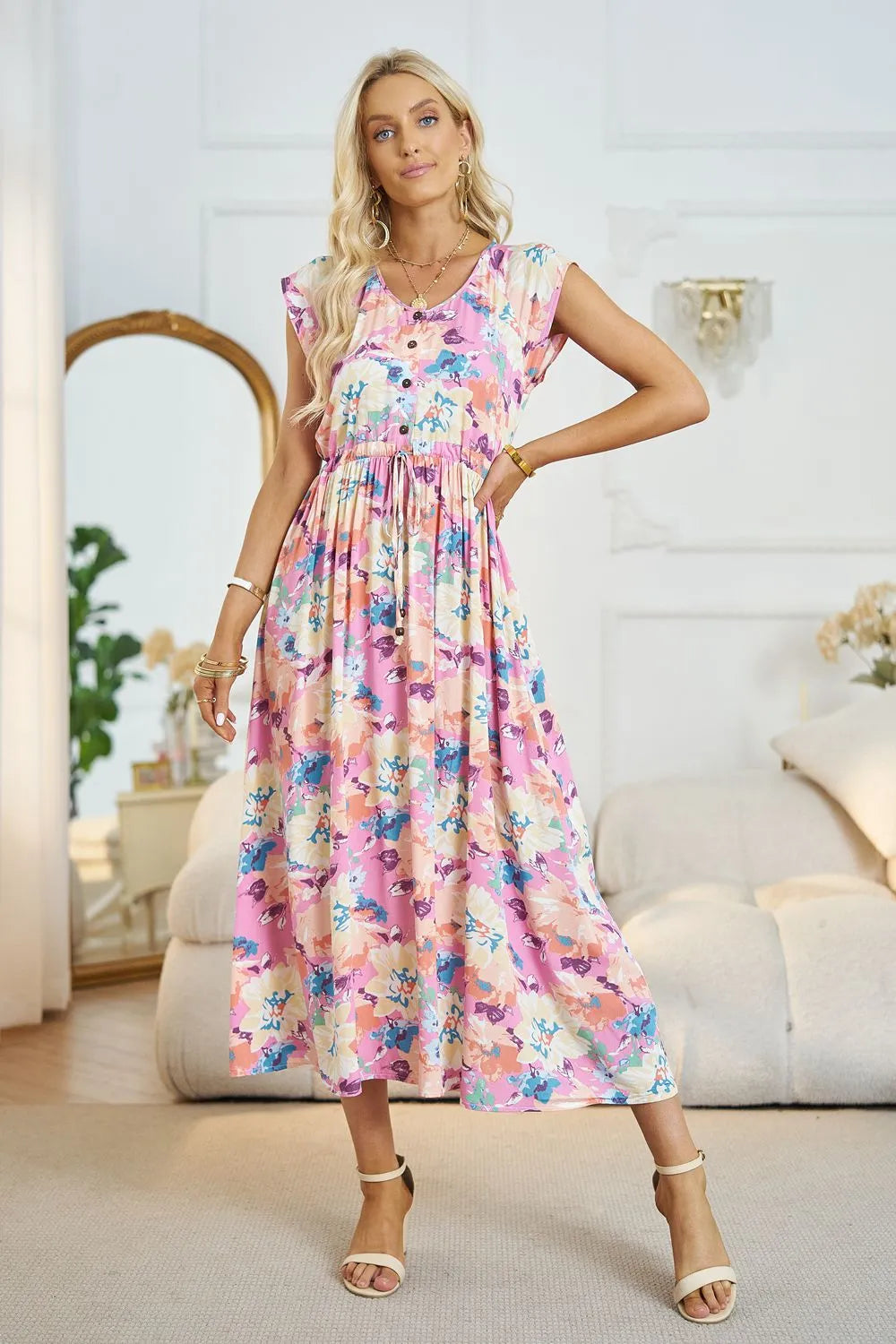 Floral V-Neck A-Line Midi Dress Blush Pink Casual Dresses - Tophatter Daily Deals