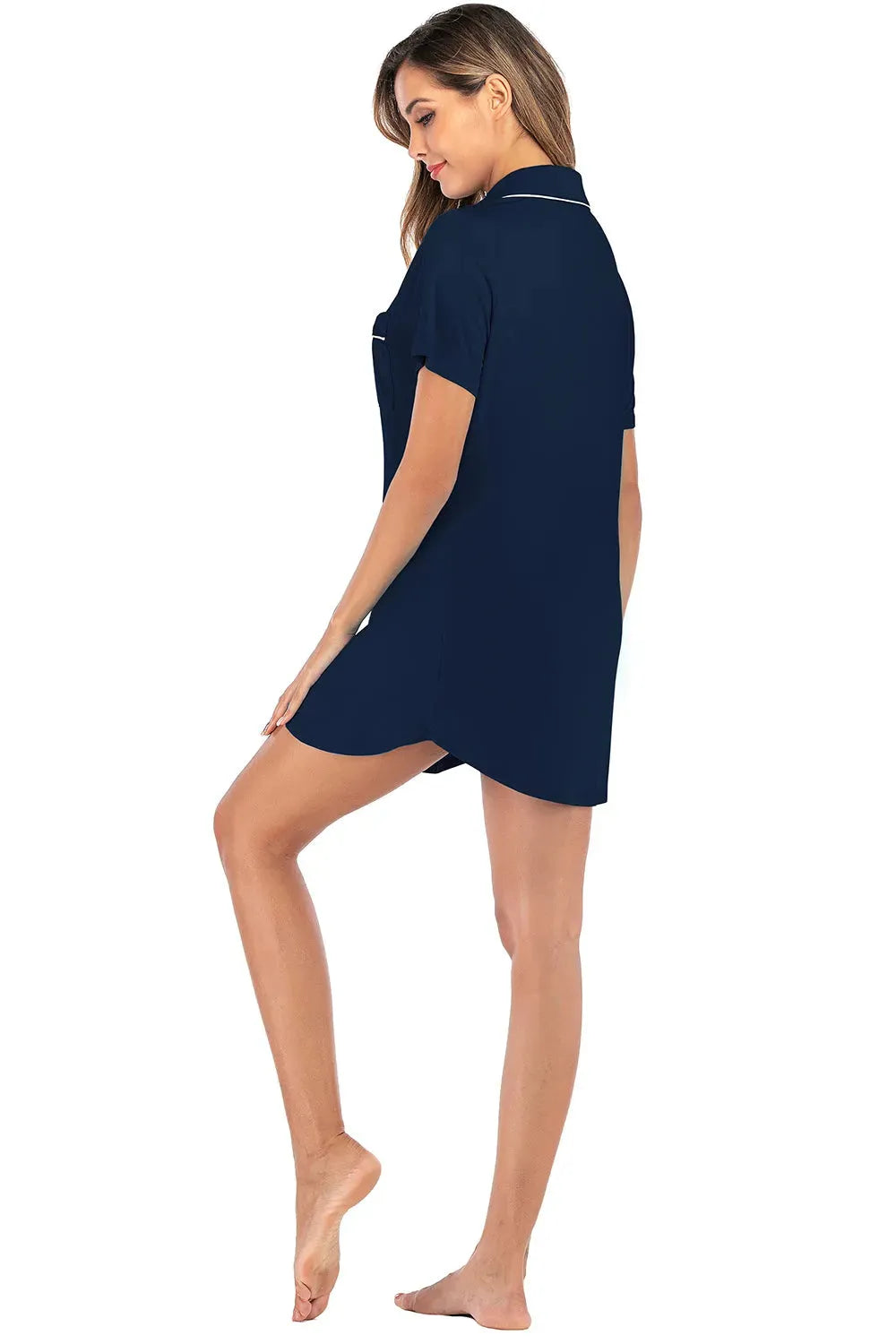 Contrast Piping Pocketed Short Sleeve Lounge Dress Sleep Dresses - Tophatter Daily Deals