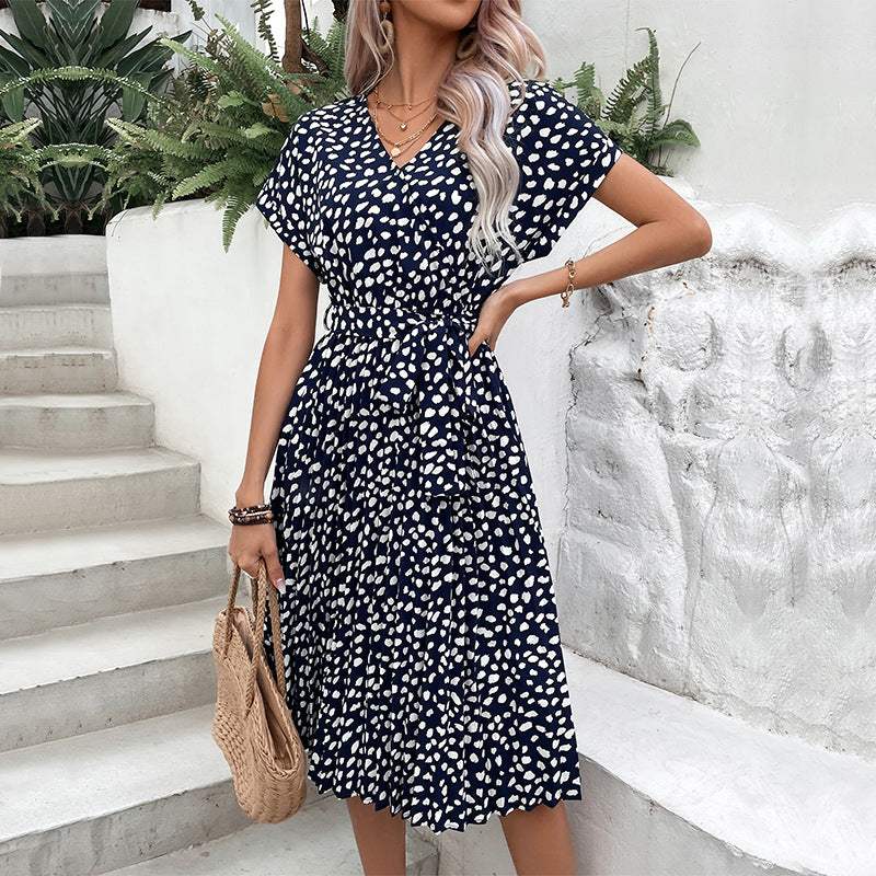 Printed Tie Waist A-Line Dress Casual Dresses - Tophatter Daily Deals