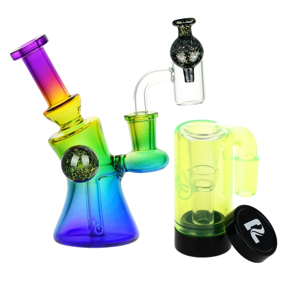 Candy Craze Dab Rig, Oil Reclaimer, & Carb Cap Bundle Rainbow Twist Transparent Yellow Glass Sale Bundles - Tophatter Daily Deals