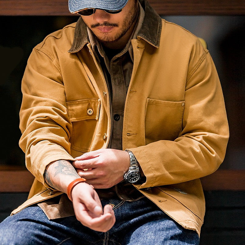 Canvas Jacket Multi Pocket Khaki Lapel Thin Coat Turmeric Men Jackets - Tophatter Daily Deals
