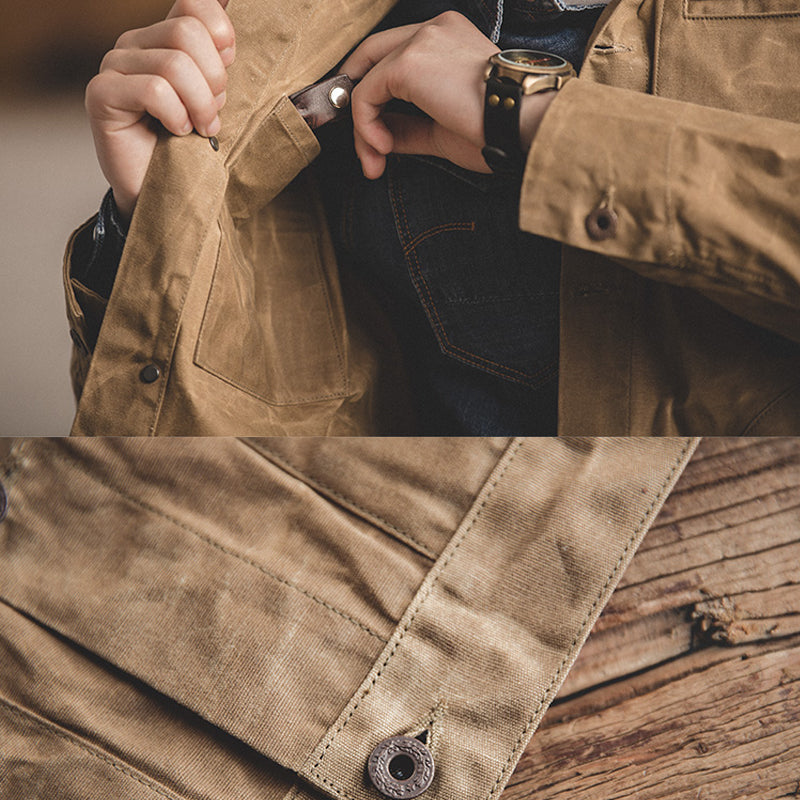 Canvas Oil Wax Men Jackets Khaki Retro Multi-pocket Men's Clothing - Tophatter Daily Deals