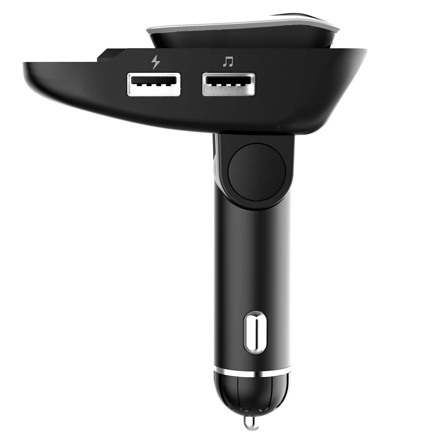 Car FM Transmitter with Wireless Earpiece 2 USB Charge Ports Automotive - Tophatter Daily Deals