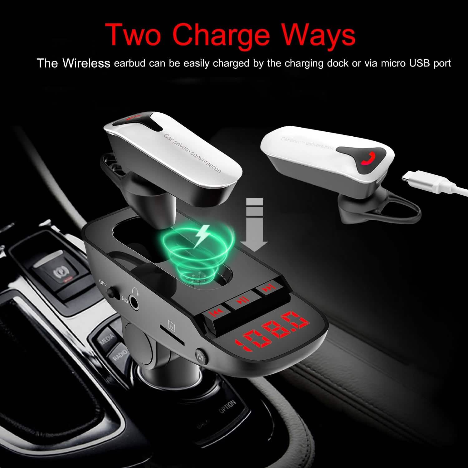 Car FM Transmitter with Wireless Earpiece 2 USB Charge Ports Automotive - Tophatter Daily Deals
