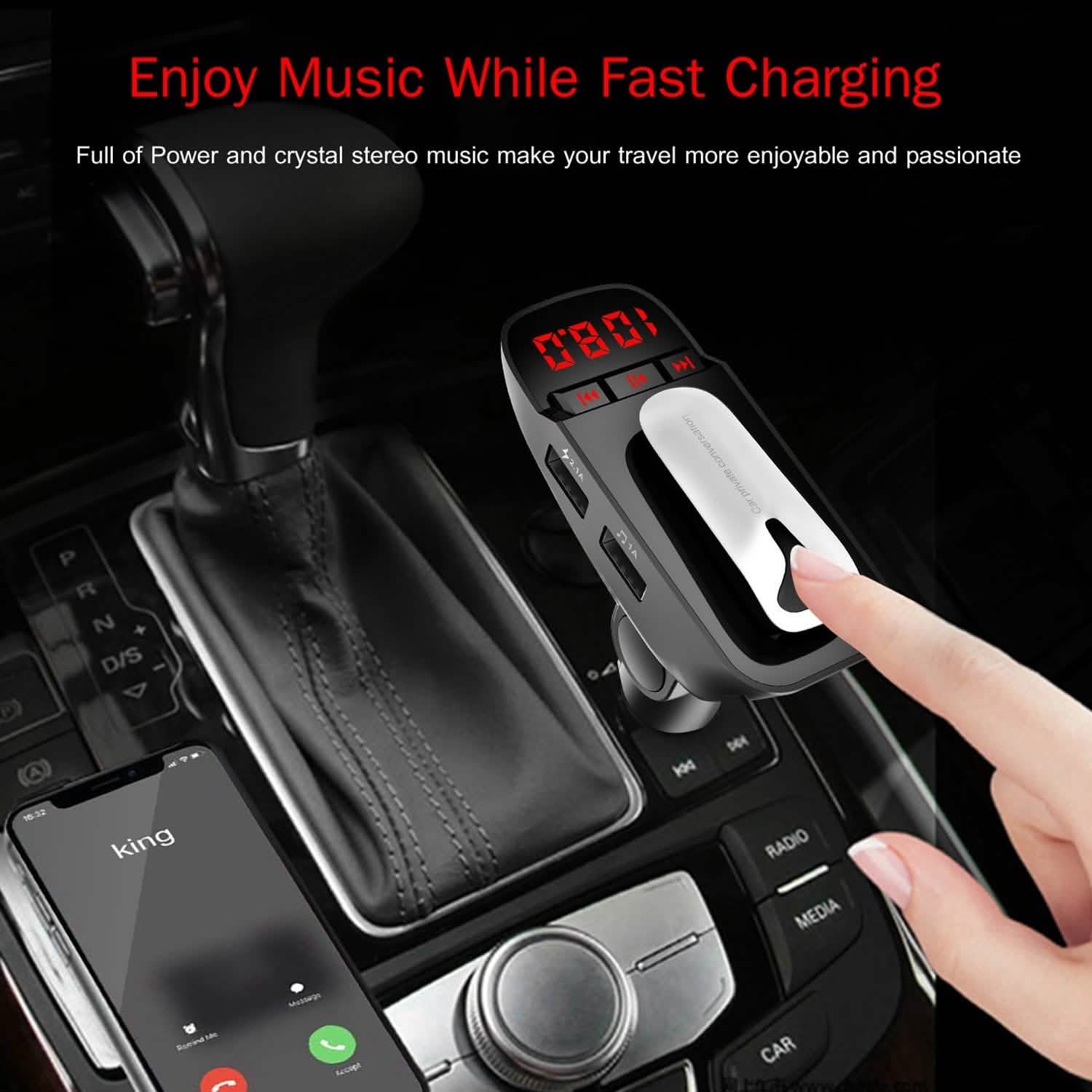 Car FM Transmitter with Wireless Earpiece 2 USB Charge Ports Automotive - Tophatter Daily Deals