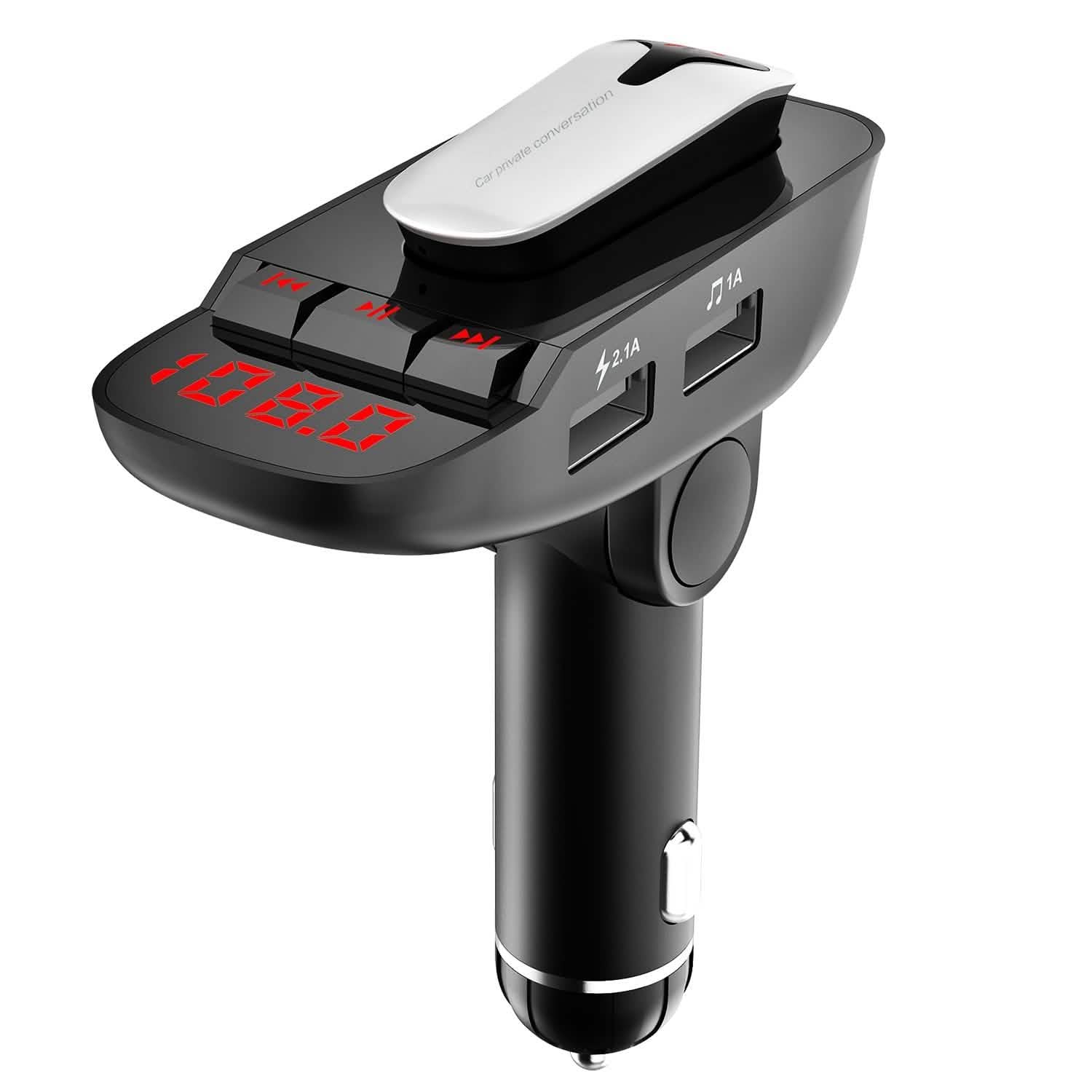 Car FM Transmitter with Wireless Earpiece 2 USB Charge Ports Automotive - Tophatter Daily Deals